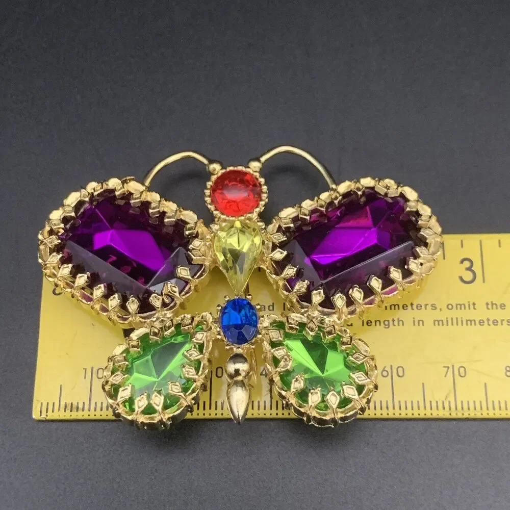 Vintage Rhinestone Butterfly Brooch Gold Tone Purple Green Red Yellow Blue